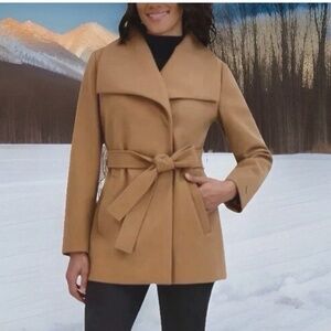 NWT TAHARI TAN FAUX WOOL WRAP BELTED WATER RESISTANT 3/4 POCKETS XS COAT New